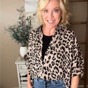 BIBI Oversized Leopard Print Button-Up Blouse